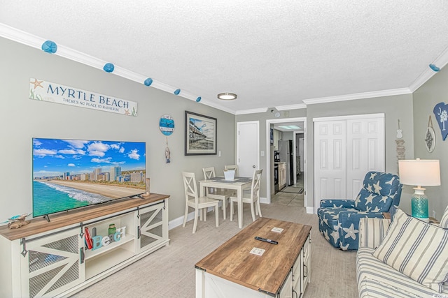 201 S Ocean Blvd Unit 616, Myrtle Beach, SC 29577 - living area with a textured ceiling, light carpet, and crown molding