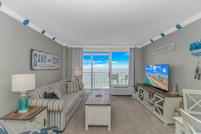 201 S Ocean Blvd Unit 616, Myrtle Beach, SC 29577 - living room with a textured ceiling, ornamental molding, expansive windows, and light wood-style flooring