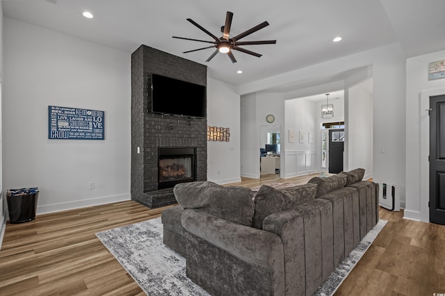 1253 Kenworth Cir, Conway, SC 29526 - living area with ceiling fan, a fireplace, wood finished floors, and recessed lighting