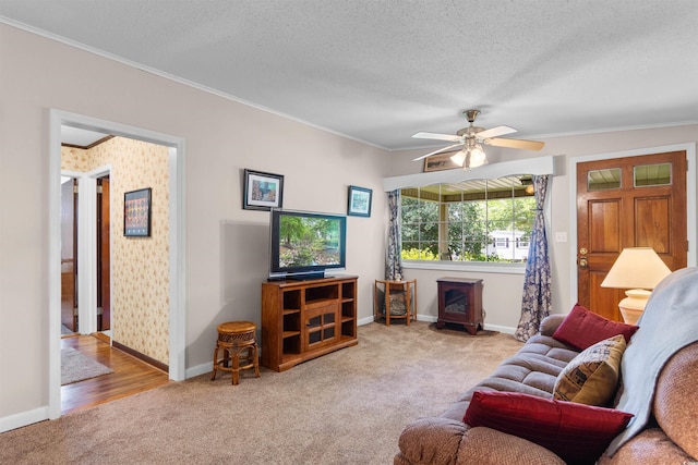 1272 Park Hill Dr, Conway, SC 29526 - living room featuring carpet flooring, ornamental molding, ceiling fan, and a textured ceiling