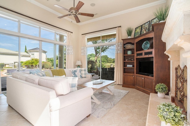 1503 Cadiz Dr, Myrtle Beach, SC 29579 - living room with light tile patterned flooring, ornamental molding, and a ceiling fan