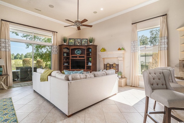 1503 Cadiz Dr, Myrtle Beach, SC 29579 - living area featuring light tile patterned floors, crown molding, and ceiling fan