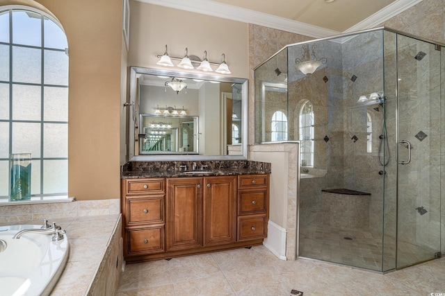 1503 Cadiz Dr, Myrtle Beach, SC 29579 - bathroom featuring crown molding, a garden tub, vanity, and a shower stall