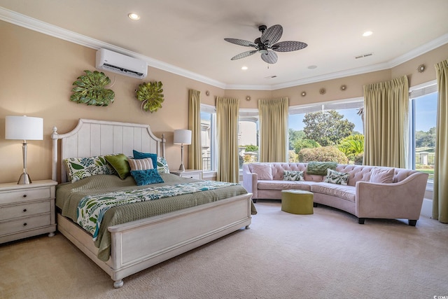 1503 Cadiz Dr, Myrtle Beach, SC 29579 - bedroom with a wall unit AC, ornamental molding, light carpet, recessed lighting, and ceiling fan
