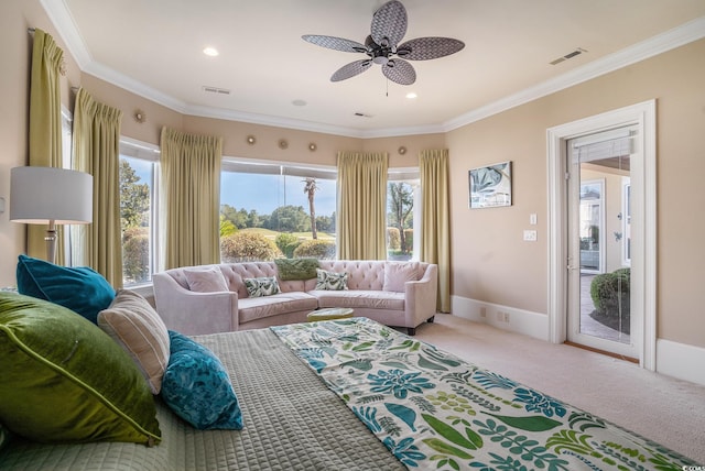 1503 Cadiz Dr, Myrtle Beach, SC 29579 - carpeted bedroom with multiple windows, ornamental molding, recessed lighting, and a ceiling fan
