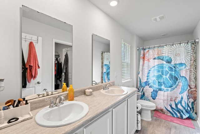 821 Twickenham Loop, Longs, SC 29568 - bathroom featuring double vanity, wood finished floors, a spacious closet, and a shower with shower curtain