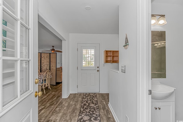 175 Cypress Ln, Little River, SC 29566 - entryway with dark wood finished floors and ceiling fan