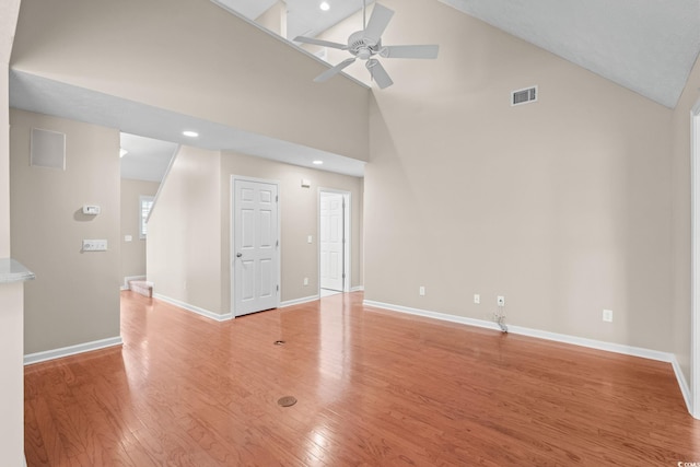 5008 Hayes Bay Ct, Murrells Inlet, SC 29576 - spare room featuring ceiling fan, light wood-style floors, high vaulted ceiling, and recessed lighting