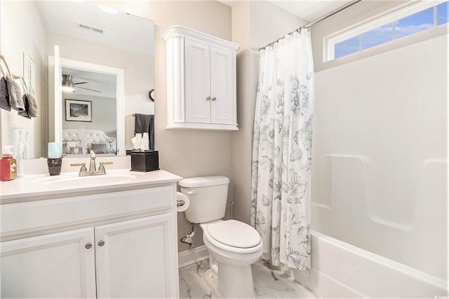 800 Monarch Dr Unit 49, Myrtle Beach, SC 29588 - bathroom with a ceiling fan, vanity, shower / bathtub combination with curtain, marble finish flooring, and ensuite bathroom
