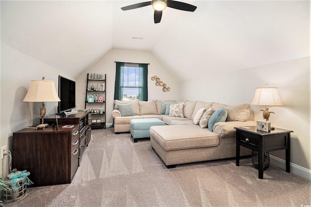 800 Monarch Dr Unit 49, Myrtle Beach, SC 29588 - living area featuring light colored carpet, vaulted ceiling, and a ceiling fan