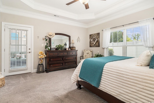 800 Monarch Dr Unit 49, Myrtle Beach, SC 29588 - bedroom featuring a raised ceiling, crown molding, carpet flooring, access to exterior, and a ceiling fan