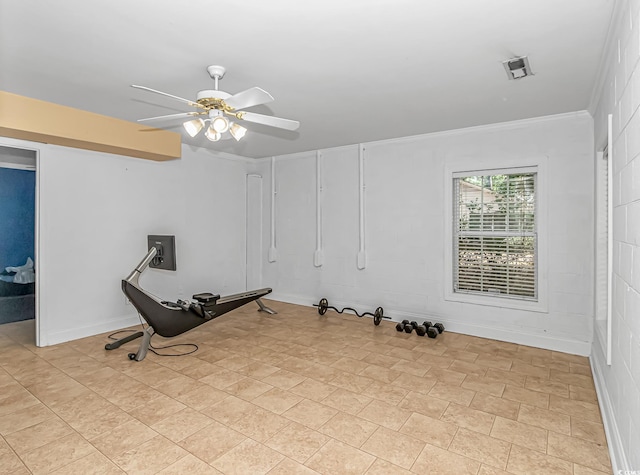 1176 Old Plantation Dr, Pawleys Island, SC 29585 - exercise room featuring ceiling fan and ornamental molding