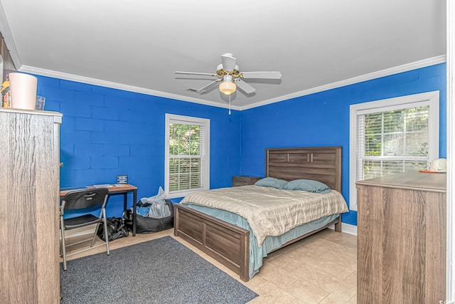 1176 Old Plantation Dr, Pawleys Island, SC 29585 - tiled bedroom with crown molding and a ceiling fan