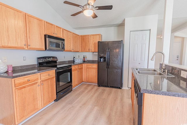 805 Cherry Bark Ct, Myrtle Beach, SC 29579 - kitchen featuring black appliances, light wood-style floors, vaulted ceiling, a ceiling fan, and dark stone countertops