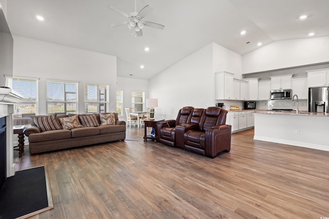 892 Harrison Mill St, Myrtle Beach, SC 29579 - living area featuring high vaulted ceiling, ceiling fan, light wood finished floors, recessed lighting, and a fireplace