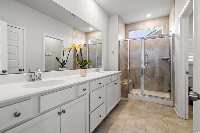 892 Harrison Mill St, Myrtle Beach, SC 29579 - bathroom featuring double vanity, a stall shower, and tile patterned flooring
