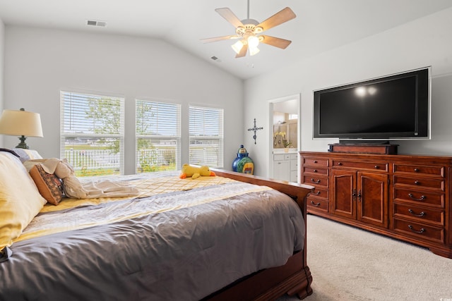 892 Harrison Mill St, Myrtle Beach, SC 29579 - bedroom featuring light colored carpet, lofted ceiling, connected bathroom, and a ceiling fan