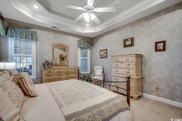 911 Tilghman Forest Dr, North Myrtle Beach, SC 29582 - bedroom with ornamental molding, light carpet, a raised ceiling, a ceiling fan, and recessed lighting