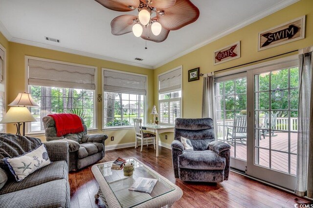 911 Tilghman Forest Dr, North Myrtle Beach, SC 29582 - living area with ornamental molding, hardwood / wood-style flooring, and ceiling fan