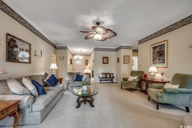 911 Tilghman Forest Dr, North Myrtle Beach, SC 29582 - living area with ceiling fan, crown molding, light carpet, and a textured ceiling