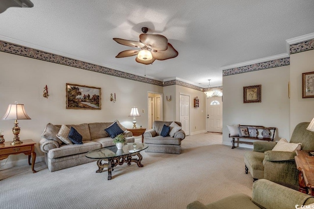 911 Tilghman Forest Dr, North Myrtle Beach, SC 29582 - living room with ceiling fan, light colored carpet, ornamental molding, and a textured ceiling