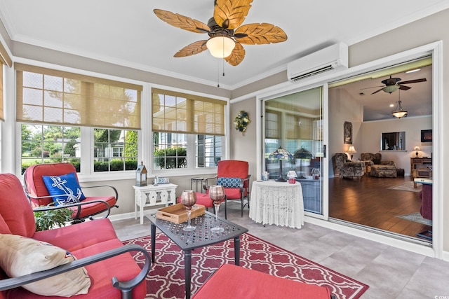 2783 Sanctuary Blvd, Conway, SC 29526 - sunroom featuring a wall mounted AC, a ceiling fan, and crown molding