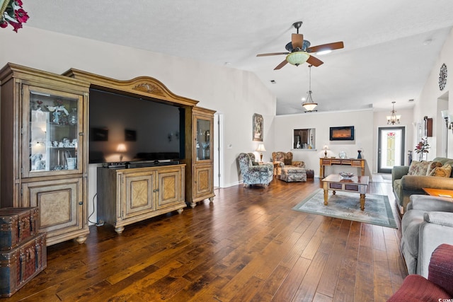 2783 Sanctuary Blvd, Conway, SC 29526 - living room with vaulted ceiling, dark wood-style floors, ceiling fan, and a chandelier