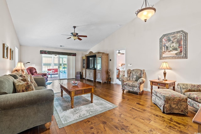 2783 Sanctuary Blvd, Conway, SC 29526 - living area with ceiling fan, hardwood / wood-style floors, and high vaulted ceiling