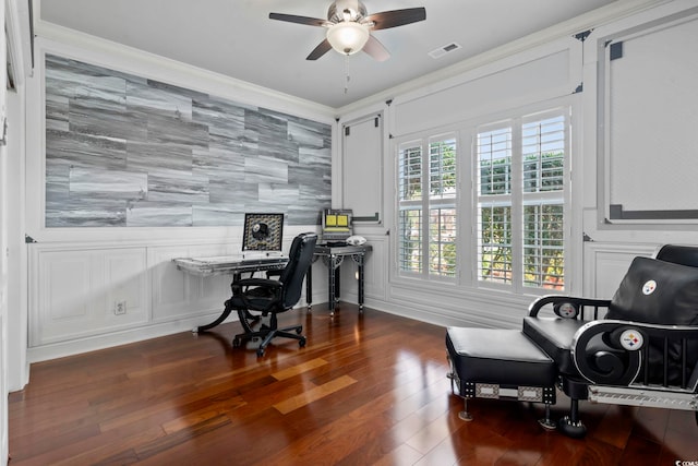 5904 Bridlewood Rd, North Myrtle Beach, SC 29582 - office area featuring a decorative wall, a ceiling fan, ornamental molding, and wood finished floors