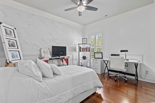 5904 Bridlewood Rd, North Myrtle Beach, SC 29582 - bedroom with ornamental molding, a desk, wood finished floors, and ceiling fan