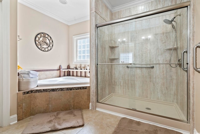 5904 Bridlewood Rd, North Myrtle Beach, SC 29582 - bathroom featuring a garden tub, ornamental molding, tile patterned flooring, and a stall shower