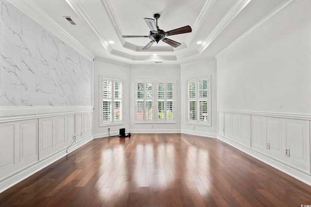 5904 Bridlewood Rd, North Myrtle Beach, SC 29582 - unfurnished room featuring a ceiling fan, dark wood finished floors, a raised ceiling, and crown molding