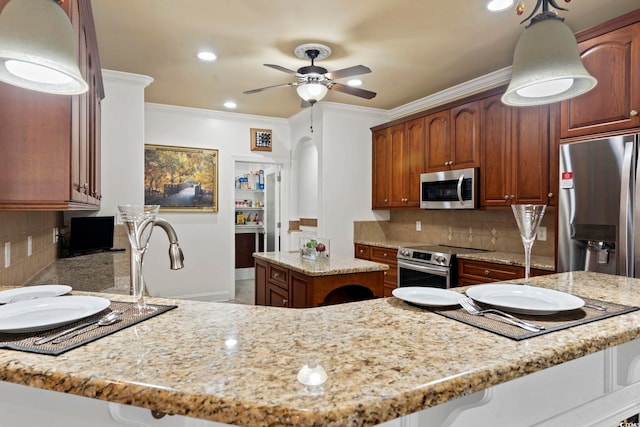 5904 Bridlewood Rd, North Myrtle Beach, SC 29582 - kitchen with appliances with stainless steel finishes, crown molding, tasteful backsplash, ceiling fan, and light stone counters