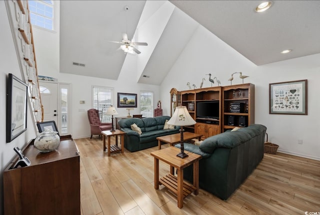 30462NDAVE N 62nd Ave N, North Myrtle Beach, SC 29582 - living area with a ceiling fan, high vaulted ceiling, light wood-style flooring, and recessed lighting