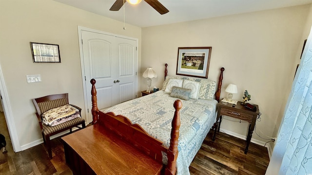 1300 Ruddy Ct, Conway, SC 29527 - bedroom with dark wood-type flooring, ceiling fan, and a closet