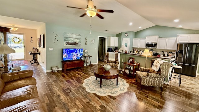 1300 Ruddy Ct, Conway, SC 29527 - living room with dark wood finished floors, ceiling fan, lofted ceiling, and recessed lighting