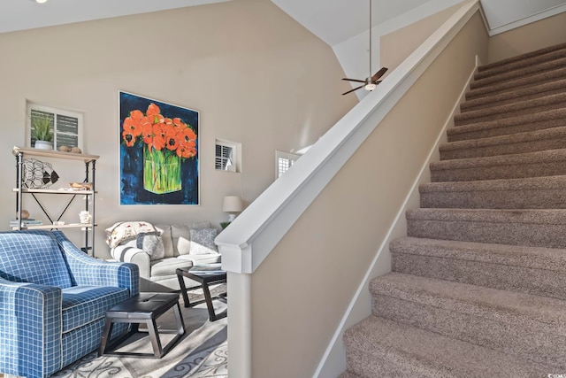 6624 Lagoon Pl, Myrtle Beach, SC 29572 - stairway featuring lofted ceiling and a ceiling fan
