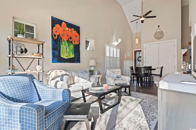 6624 Lagoon Pl, Myrtle Beach, SC 29572 - living area with ceiling fan, high vaulted ceiling, and light wood-type flooring