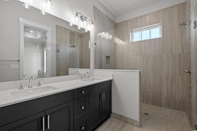 8148 Living Tide Dr, Myrtle Beach, SC 29572 - full bathroom with walk in shower, double vanity, and tile patterned flooring