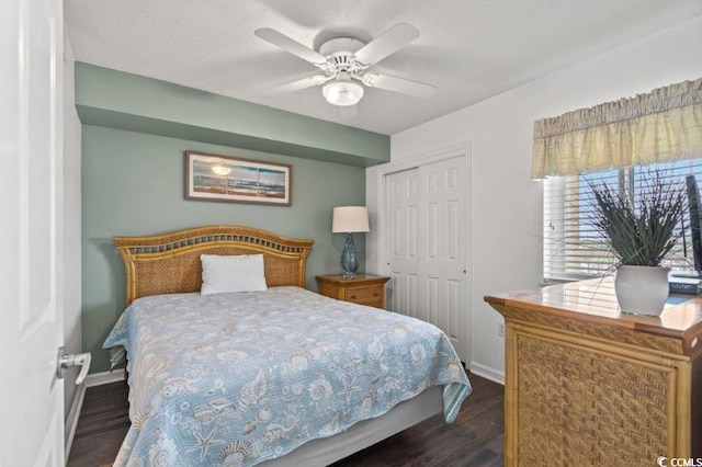 5404 N Ocean Blvd Unit 11-D, North Myrtle Beach, SC 29582 - bedroom featuring a closet, dark wood-type flooring, and a ceiling fan