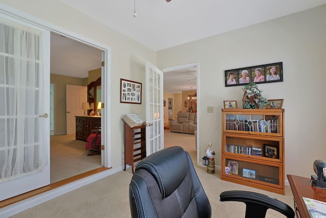112 Birchwood Ln, Conway, SC 29526 - living area featuring carpet, french doors, a desk, and ceiling fan