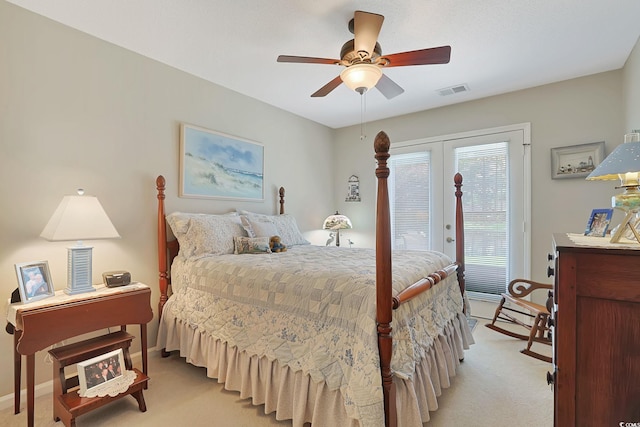 112 Birchwood Ln, Conway, SC 29526 - bedroom featuring light colored carpet, access to outside, french doors, and a ceiling fan