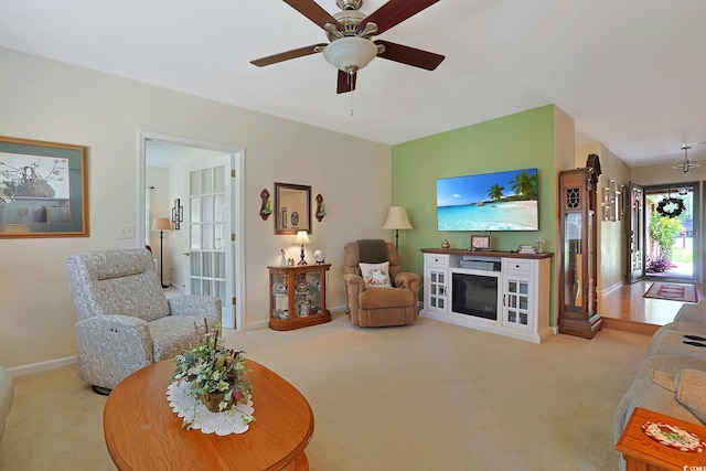 112 Birchwood Ln, Conway, SC 29526 - carpeted living room featuring ceiling fan and a glass covered fireplace