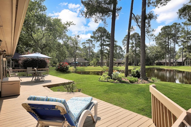112 Birchwood Ln, Conway, SC 29526 - deck featuring a water view, a lawn, and outdoor dining area