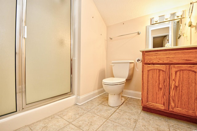 501 Painted Duck Ct, Myrtle Beach, SC 29588 - bathroom featuring a shower stall, vanity, vaulted ceiling, and tile patterned floors