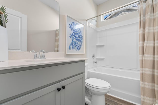 197 Bantry Ln, Conway, SC 29526 - bathroom with wood finished floors, shower / bath combo with shower curtain, and vanity