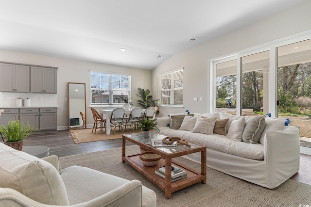 197 Bantry Ln, Conway, SC 29526 - living room featuring wood finished floors, vaulted ceiling, and recessed lighting
