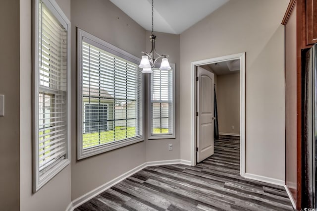 365 Lenox Dr, Conway, SC 29526 - unfurnished dining area with a chandelier, dark wood-type flooring, and lofted ceiling
