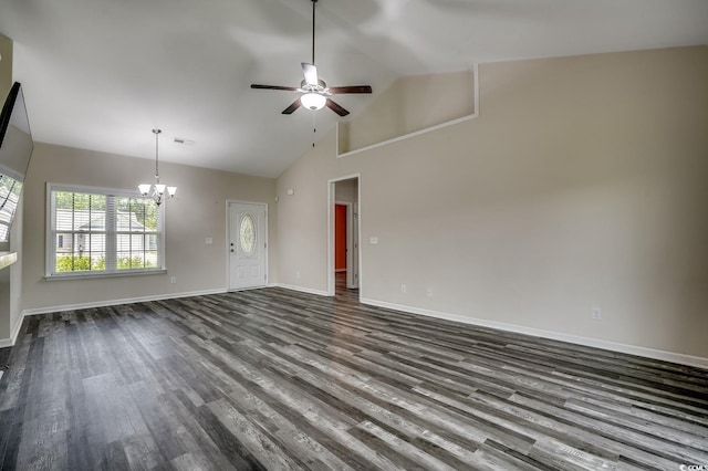 365 Lenox Dr, Conway, SC 29526 - unfurnished living room with a ceiling fan, a chandelier, dark wood-type flooring, and high vaulted ceiling