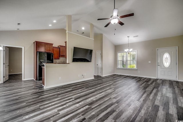 365 Lenox Dr, Conway, SC 29526 - unfurnished living room with high vaulted ceiling, a ceiling fan, dark wood-style floors, and a chandelier